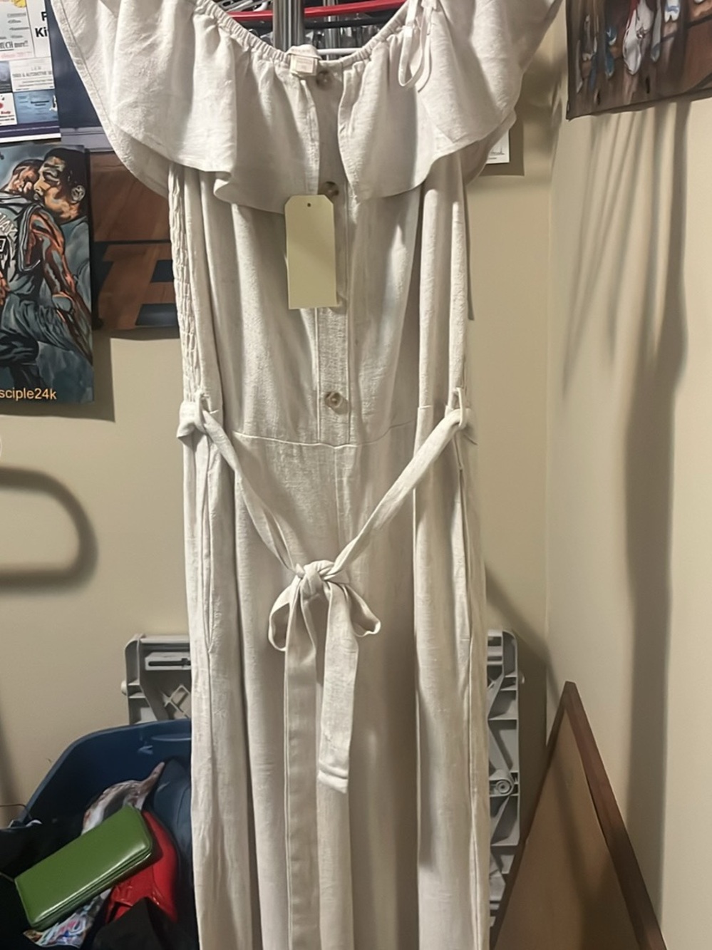 Monteau Cream Off-Shoulder Tie-Waist jumpsuit